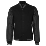A black varsity jacket featuring leather sleeves and striped ribbing, with a logo on the chest.