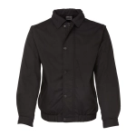 A black polar fleece jacket with a collar, snap buttons, and side pockets. It features a logo.
