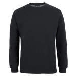 A black jumper with a crew neck and long sleeves. It features a solid design and includes a branding logo.