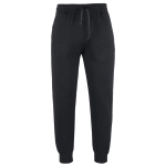 Black track pants with an elastic waistband and adjustable drawstring, featuring a tapered leg design.