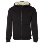 A black hoodie featuring a natural-coloured fleece lining and a front zip. It has a logo on the chest and pockets.