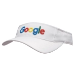A white sports visor featuring colourful lettering and a logo on the front.