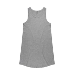 A grey sleeveless dress with a simple design and round neckline, featuring a label inside.