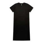 A black, knee-length dress with short sleeves and a simple design. Features a logo at the neckline.