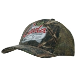 A camouflage cap in shades of green and brown with a mesh back and a logo on the front.