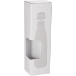 A white box for packaging a pen, featuring a cut-out section and an illustrative design of a drink bottle.