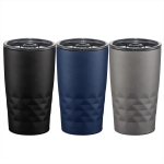 A drink bottle set featuring three copper vacuum insulated tumblers in black, navy blue, and grey with logos.