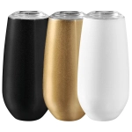 A drink bottle set featuring three vacuum champagne flutes in black, gold, and white, each with a lid and branding.
