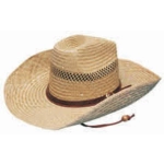 A large, light brown cowboy straw hat with a woven texture and a brown band around the base.