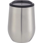 A stainless steel travel mug with a black lid, featuring a sleek and modern design.
