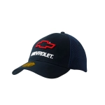 A navy and mesh cap featuring a prominent logo on the front and a curved brim.