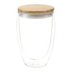 A drink bottle featuring a clear glass body and a bamboo lid, with a sleek, modern design.