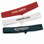 Three fitted hat bands in red, white, and green, each featuring a logo or text.