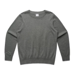 A knitted jumper in a muted grey colour with a crew neckline and long sleeves. It features a branding label.