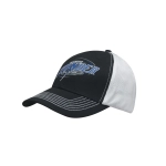 A black and white cap featuring a mesh back and a logo on the front.