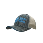 A cap featuring a wood print design, grey and beige colours, with a mesh back and a logo on the front.