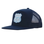 A blue Premium American Twill A Frame cap with a mesh back and a logo featuring a route sign.