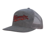 A grey A-frame cap featuring a mesh back and an embroidered logo.