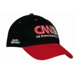 A black cap with a red brim, featuring a logo and branding on the front and side.