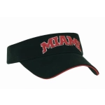 A black cotton visor with a red embroidered 'MIAMI' text and a red trim along the brim.