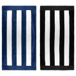 Two striped beach towels, one in navy blue and white, and the other in black and white, both with branding.