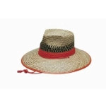 A natural straw hat with an orange trim, featuring a wide brim and a woven design. It has a logo on the band.
