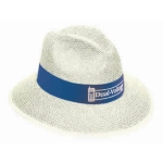 A straw hat in off-white with a blue band, featuring a branding logo on the band.