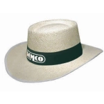 A classic style string straw hat in light beige with a dark green band featuring a logo.
