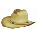 A straw cowboy hat in shades of beige with a decorative band. Features a logo on the band.
