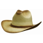 A straw cowboy hat in a tan colour with a brown band around the base and a curved brim.