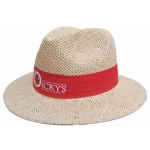 A straw hat with a wide brim and a red band, featuring a logo.