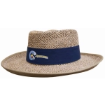 A straw hat with a wide brim, featuring a blue band and a logo. The hat has a natural beige colour.