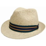 A straw fedora-style hat in beige with a multi-coloured striped band. It features a logo on the side.