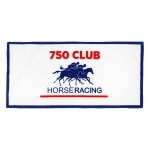 A white sports towel with blue trim featuring a racing horse graphic and a logo.