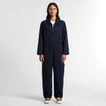 A navy blue coverall with a zip front and pockets, featuring sleeves and a relaxed fit. It has a branding logo.
