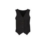 A black women's peaked vest with a button front and two side pockets, featuring a logo.