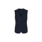 A navy vest featuring a button front and two pockets, designed for women's workwear. It includes a logo.
