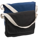 A canvas shoulder bag in navy blue and black, featuring a wide strap and a flap closure design.