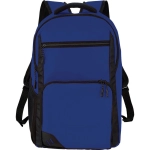 A blue backpack with black accents, featuring multiple zippered pockets and a logo. Ideal for carrying a laptop.