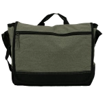 A faded tablet messenger bag in olive green and black, featuring a zippered pocket and adjustable strap.