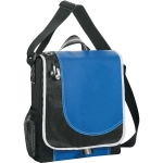 A blue and black messenger bag with a flap, featuring a shoulder strap and a side mesh pocket.