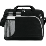 A black laptop bag with a mesh pocket, pen holders, and a strap. It features a logo on the front.
