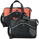 A laptop bag with a black and orange design, featuring two handles and a detachable shoulder strap. It has branding on the front.