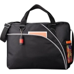A laptop bag in black with a colourful side pocket and a detachable keychain, featuring a shoulder strap and handle.