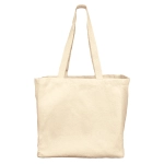 A cream-coloured reusable grocery bag with two sturdy handles and a simple design. It features a logo on one side.