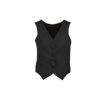 A black women's peaked vest featuring a button-up front and two side pockets, with a branding logo.