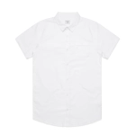 A short-sleeved, white button-up shirt featuring a chest pocket and a logo.