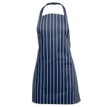 A navy striped apron featuring a pocket and an adjustable neck strap, with a branding logo.
