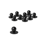 A set of black chef's buttons featuring a round ball on a flat base, arranged in groups of eleven.