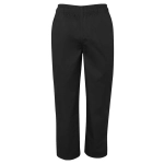 Black elasticated pants with a straight cut and gathered waistband. The design features a branding logo.